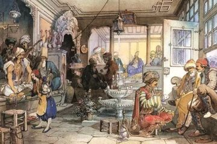 Suasana di dalam pasar di Istanbul pada masa Ottoman,