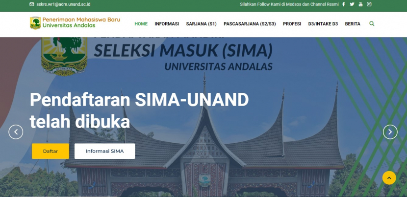 Universitas Andalas (Unand) menerima mahasiswa baru melalui lima jalur mandiri Seleksi Masuk (SIMA). Foto : unand
