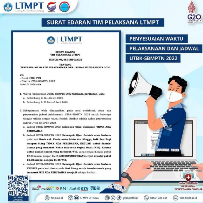 Lembaga Lembaga Tes Masuk Perguruan Tinggi (LTMPT) mengeluarkan Surat Edaran Tentang Penyesuaian Waktu Pelaksanaan dan Jadwal UTBK-SBMPTN 2022. Foto : IG ltmpt