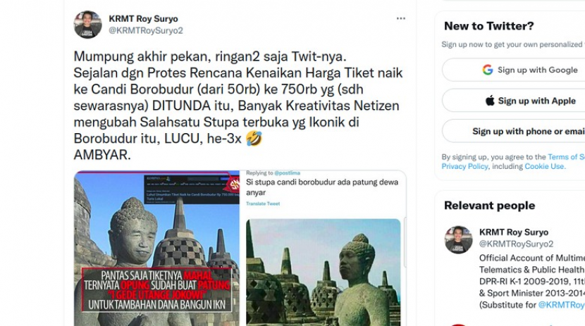 Meme yang diunggah Roy Suryo dianggap menghina Jokowi dan umat Buddha.