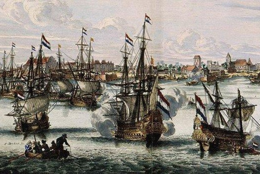 Pertempuran antara armada VOC dengan armada Inggris.
