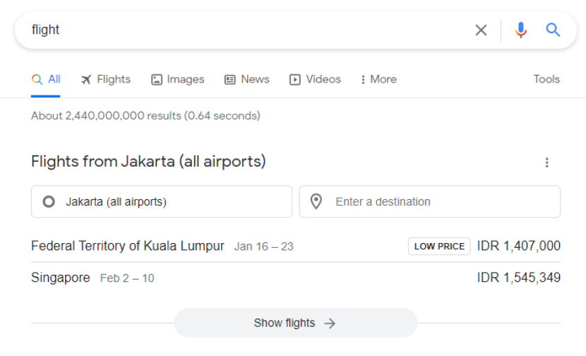 Jadwal penerbangan di Google Search. Foto: Tangkapan layar