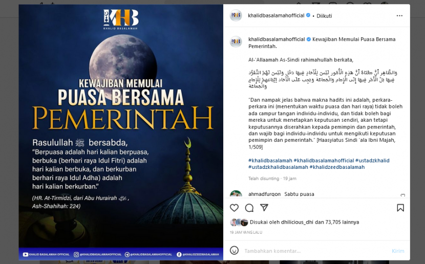 Puasa bersama pemerintah. Ustadz Khalid Basalamah menyatakan kewajiban memulai puasa bersama pemerintah di akun Instagramnya. Foto: Tangkapan Layar.