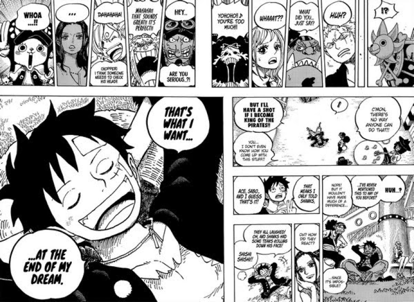 Luffy menceritakan mimpinya kepada nakamanya. Dia ingin menulis buku dan membuat semuanya terkejut. Foto: twitter