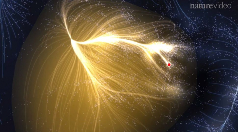 Ilmuwan menciptakan peta pertama dari superkluster galaksi kolosal yang dikenal sebagai Laniakea, tempat galaksi Bima Sakti dan banyak lainnya. Simulasi komputer ini dari video jurnal Nature yang menggambarkan supercluster raksasa dengan lokasi Bima Sakti ditampilkan sebagai titik merah. 