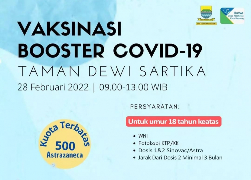 Jadwal Vaksinasi Booster Covid-19 Gratis di Taman Dewi Sartika Jalan Wastukencana Bandung.