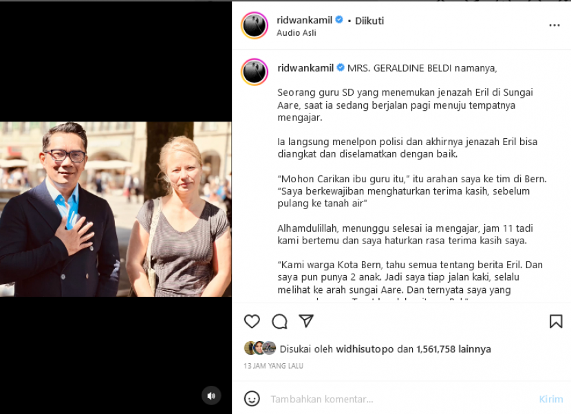 Gubernur Jawa Barat, Ridwan Kamil bertemu Geraldine Beldi, perempuan Swiss yang pertama kali menemukan jenazah Eril. Foto: Tangkapan Layar IG.