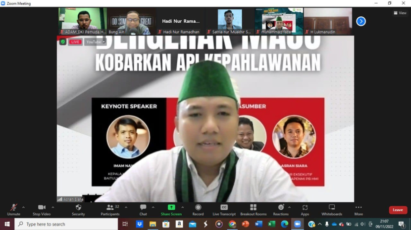 Direktur Bakornas Lapenmi PB HMI, Asran Siara, salah satu narasumber webinar memperingati Hari Pahlawan yang diadakan oleh BMH  bekerja sama dengan Pemuda Hidayatullah, Kamis (10/11/2022).