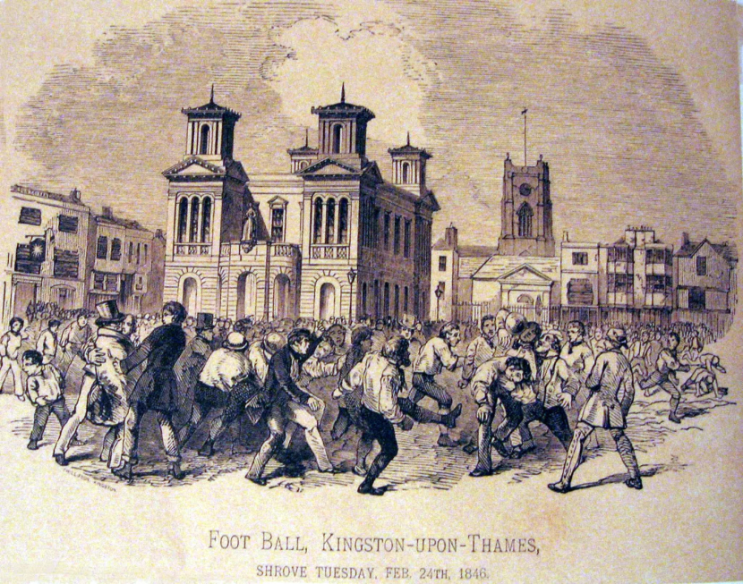 Suasana permainan sepakbola di jalanan Inggris pada 24 Februari 1846. Lihat permainan bola mirip gerombolan orang berkelahi.