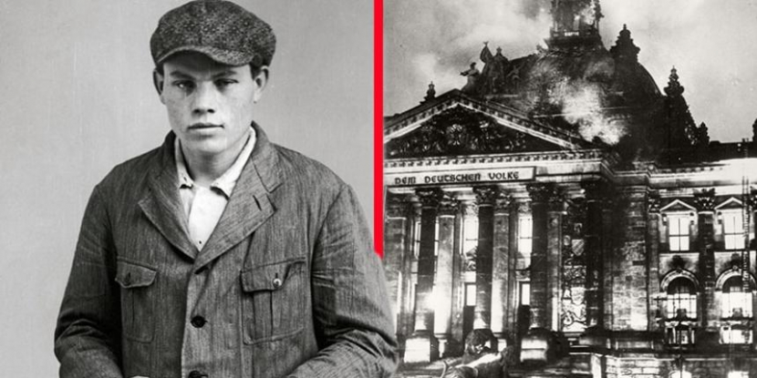 Marinus van der Lubbe (kiri) adalah komunis Belanda yang diadili dan dieksekusi karena menyalakan api di gedung parlemen Jerman, Reichstag (kanan)