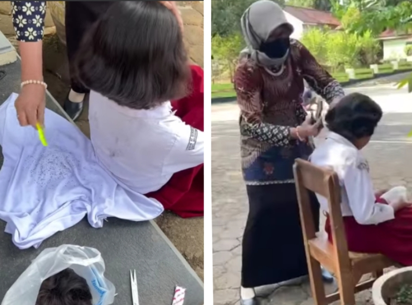 Aksi ibu guru mencari kutu anak SD viral di sosmed. Foto: Tangkapan layar