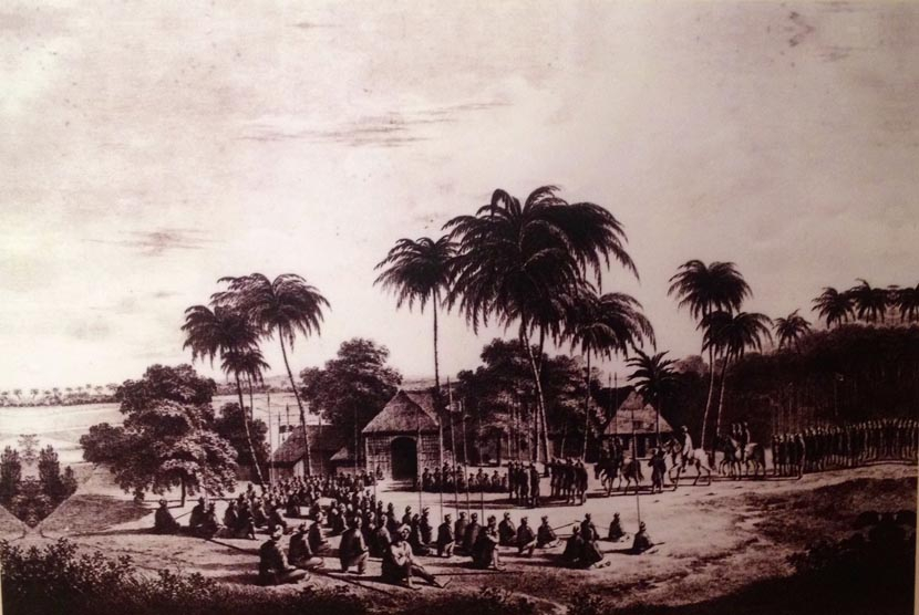 Pangeran Diponegoro menungggang kuda putih dan mengenakan sorban ketika di sebuah pesanggrahan pasukannya di tepi Kali Opak, Yogyakarta, sekitar menjelang tibanya bulan Ramadhan tahun 1830.