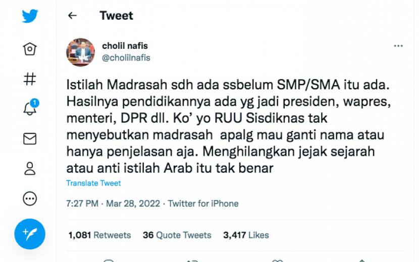 Unggahan @cholilnafis tentang hilangnya Madrasah dari RUU Sisdiknas.