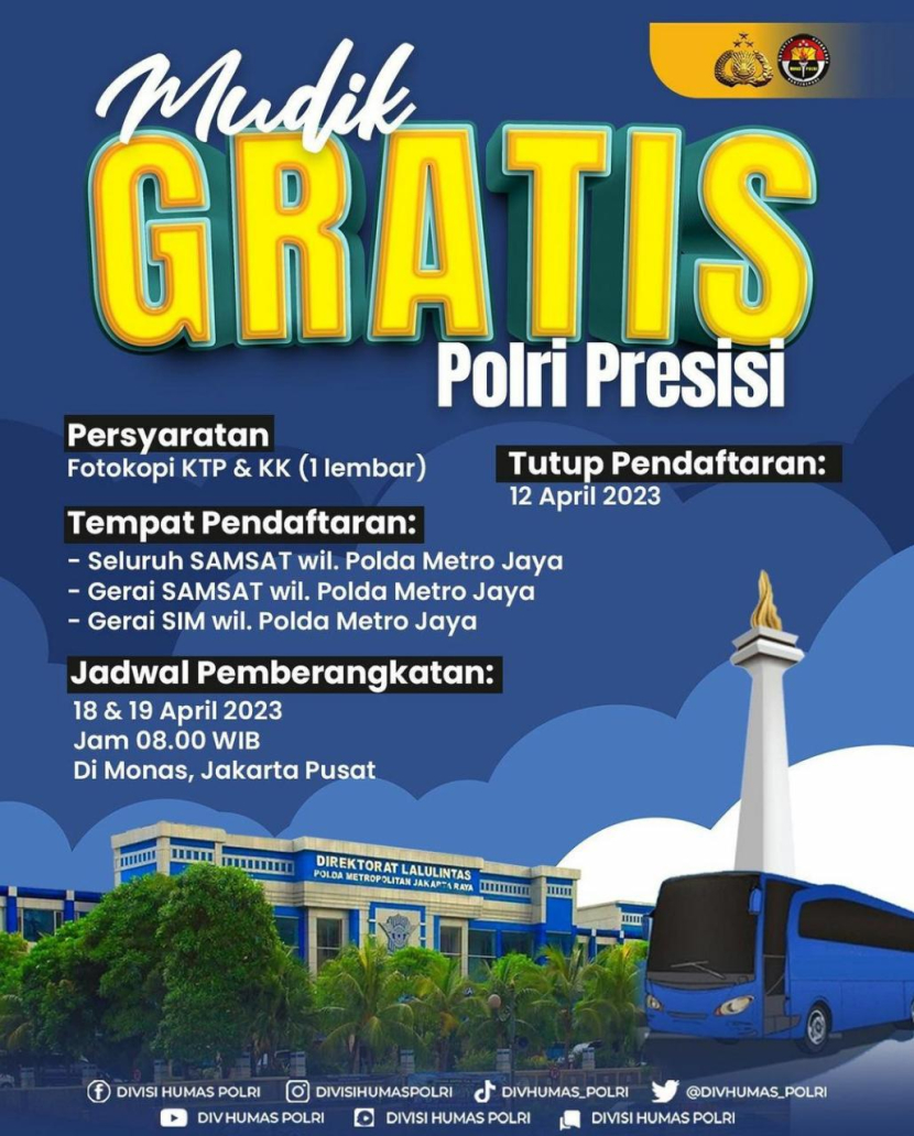 Polri Gelar Mudik Gratis 2023, Cek Jadwal dan Syarat Daftarnya. 