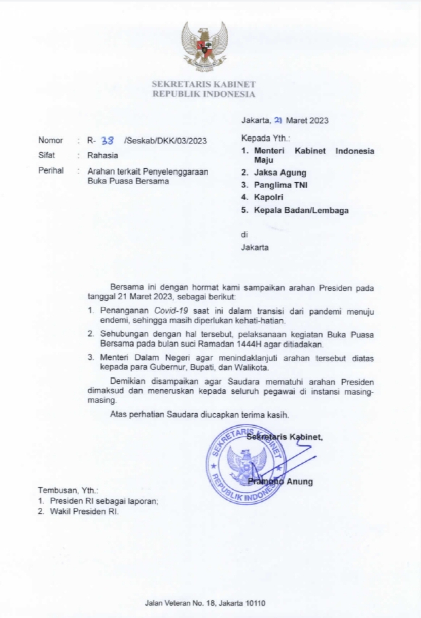 Surat Menteri Sekretaris Kabinet yang berisi larangan berbuka puasa bersama di instansi pemerintah.