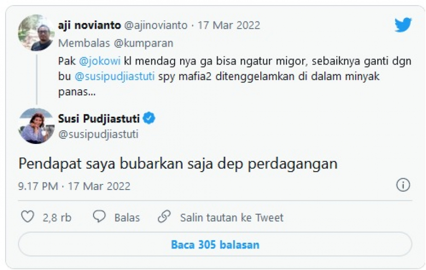 Mantan menteri Perikanan dan Kelautan Susi Pudjiastuti mengusulkan Kemendag dibubarkan menyusul kelangkaan minyak goreng. Foto: Tangkapan layar.