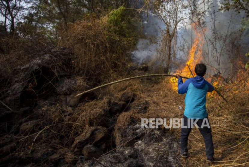 Relawan yang tergabung dalam Masyarakat Peduli Api (MPA) Pasawahan berusaha memadamkan api yang membakar kawasan hutan di lereng gunung Ciremai, Kuningan, Jawa Barat, Ahad (27/8/2023). Kebakaran hutan yang terjadi sejak Jumat (25/8) itu menghanguskan sedikitnya 125 hektar lahan di kawasan hutan gunung Ciremai. - (ANTARA FOTO/Dedhez Anggara)