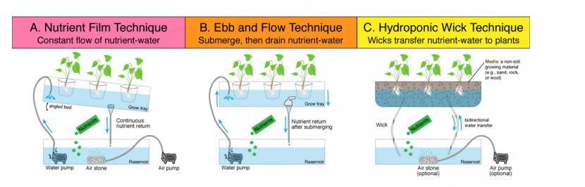 Tiga teknik yang paling umum untuk pertanian hidroponik. Air larutan nutrisi disimpan dalam bak tandon. Kemudian air dipompa dan dialirkan ke instalasi hidroponik tempat tanaman. Akar tanaman tumbuh lebih banyak daripada tanaman yang tumbuh di tanah, yang memungkinkan mereka untuk menyerap nutrisi lebih banyak. 
