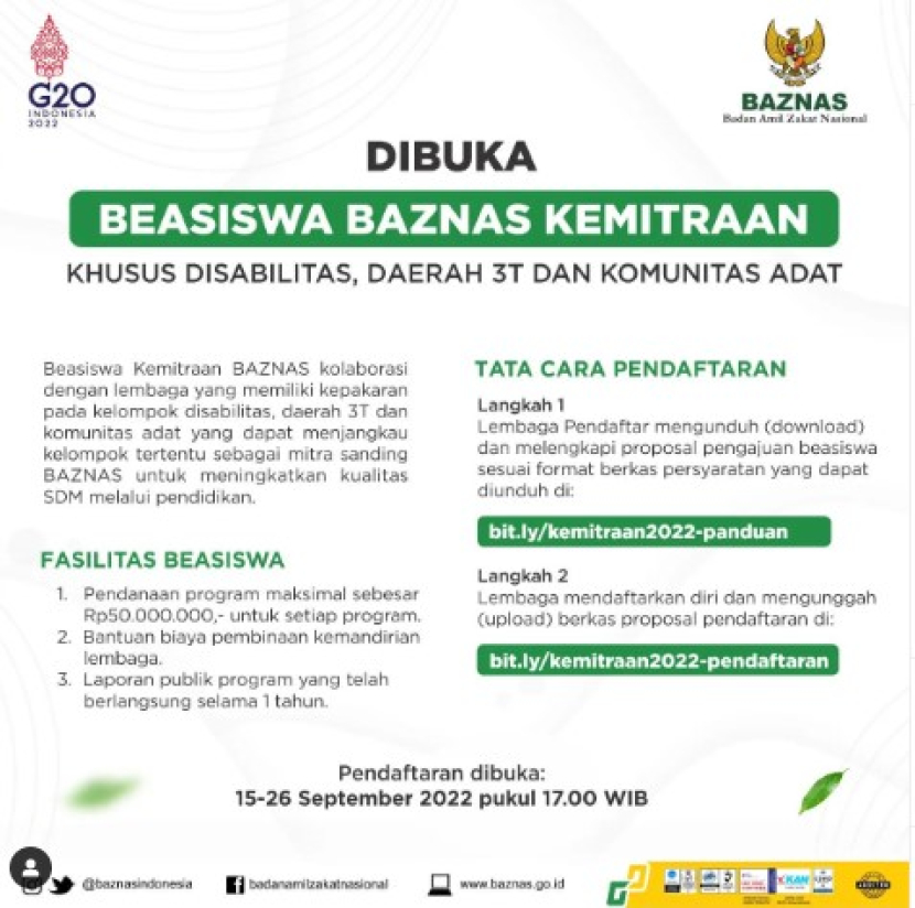 Pendaftaran Beasiswa BAZNAS Kemitraan dibuka 15 hingga 26 September 2022. Foto : IG lembagabeasiswabaznas