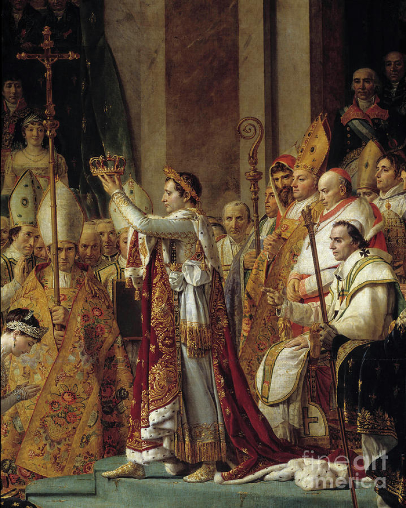Lukisan prosesi pemakaian mahkota Napoleon sebagai kaisar Prancis karya Jacques-Louis David.