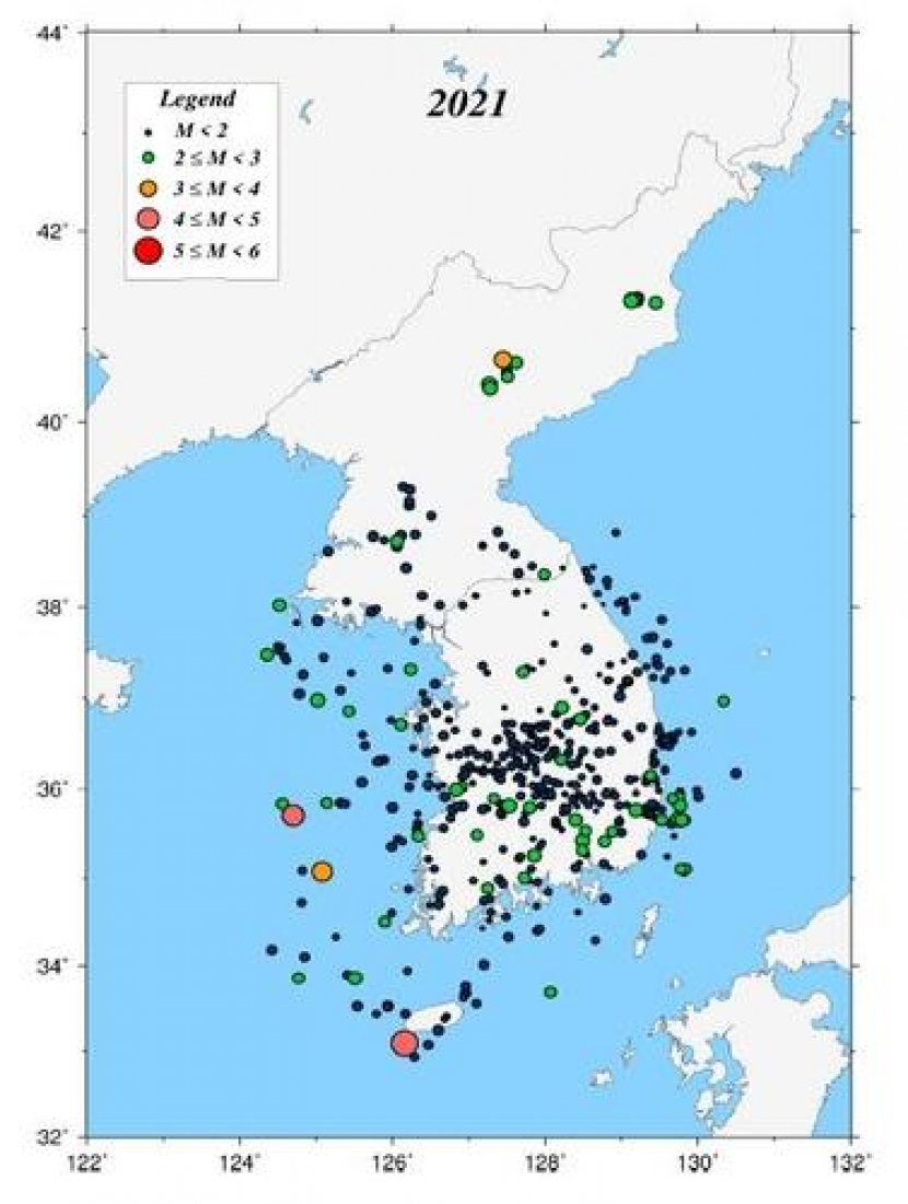 Gambar dari Badan Meteorologi Korea (KMA) menunjukkan gempa bumi di Semenanjung Korea dan perairan sekitarnya pada tahun 2021.