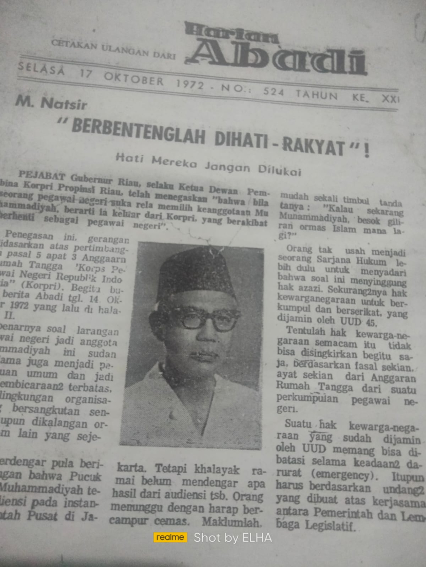 Arsip tulisan M Natsir tentang protes atas Kebijakan Korpri yang larang anggotanya masuk Muhammadiyah