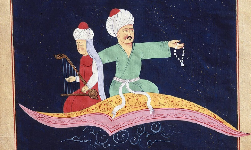 Ilustrasi pengemudi karpet terbang melintasi Istanbul dalam miniatur Utsmani pada abad ke-19. (istimewa)