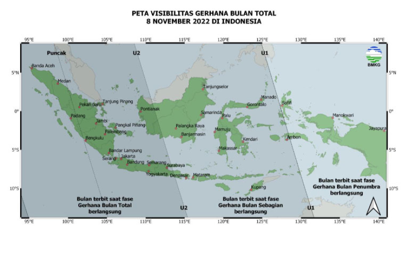 Peta Gerhana Bulan Total 8 November 2022 untuk pengamat di Indonesia.