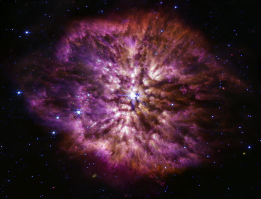 Bintang Wolf-Rayet dikenal sebagai penghasil debu yang efisien, dan Instrumen Mid-Infrared pada Teleskop Luar Angkasa James Webb milik NASA menunjukkan efek yang luar biasa ini. Debu kosmik yang lebih dingin bersinar pada panjang gelombang pertengahan inframerah yang lebih panjang, memperlihatkan struktur nebula WR 124. NASA merilis gambar JWST ini pada 14 Maret 2023. Gambar: NASA, ESA, CSA, STScI, Tim Produksi Webb ERO.