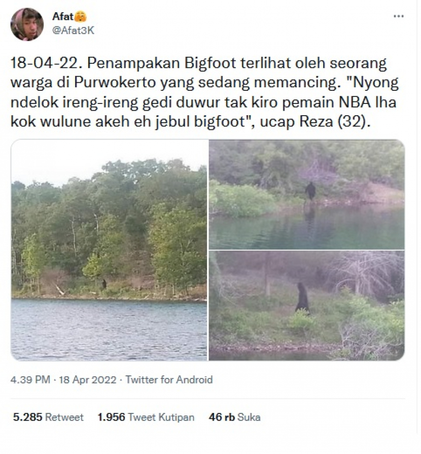 Bigfoot di Purwokerto. Netizen dihebohkan dengan postingan yang memperlihatkan sebuah foto penampakan Bigfoot di Purwokerto. Namun ternyata foto tersebut adalah bohong.