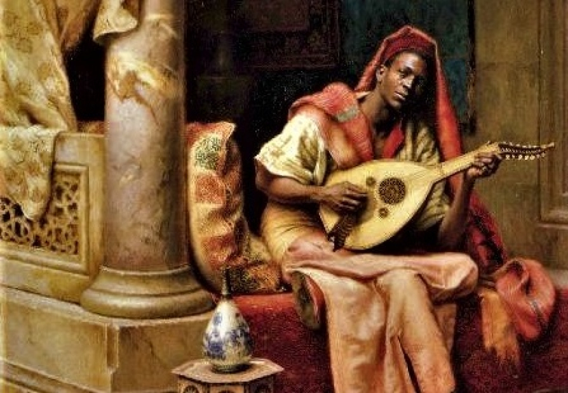 Ilustrasi menggambarkan Ziryab sedang memainkan oudnya. (public domains)