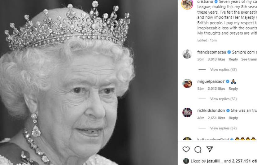 Cristiano Ronaldo memberikan penghormatan kepada Monarch di halaman Instagram-nya.