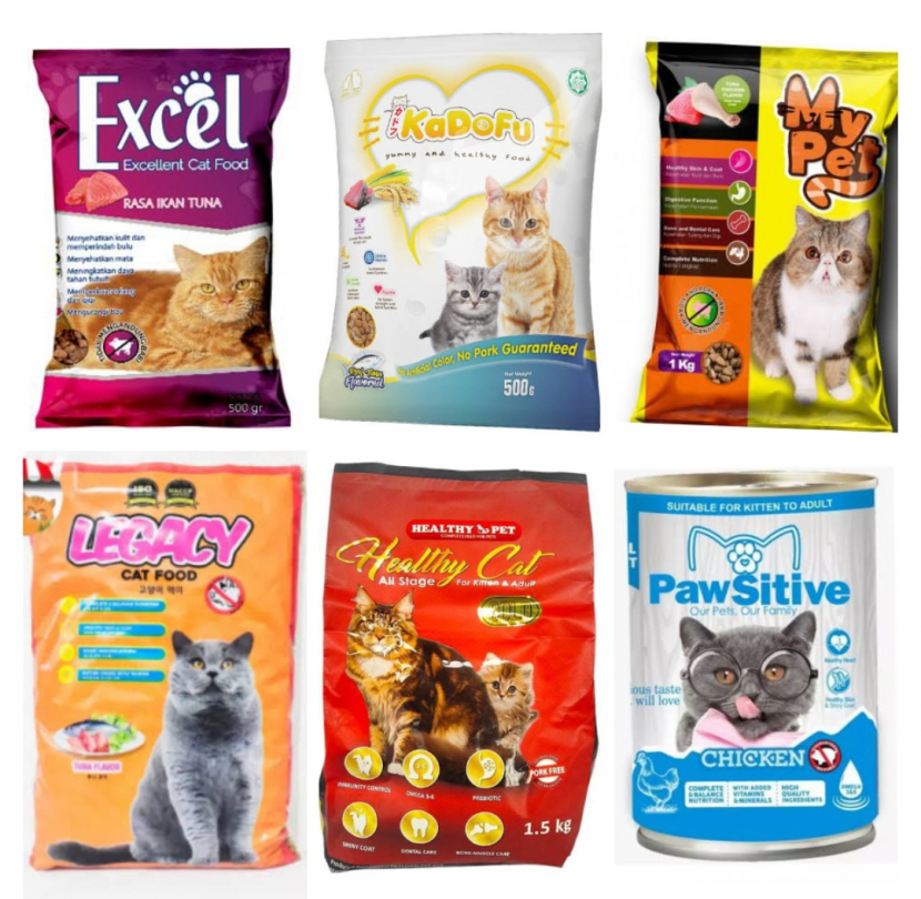 Beberapa contoh merk makanan kucing bebas kandungan babi. (Foto: kolase)