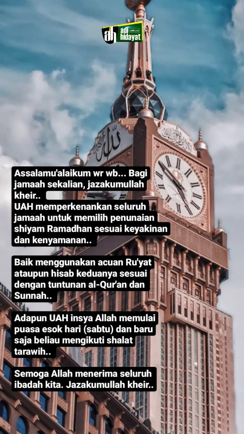 Ustadz Adi Hidayat akan memulai shaum 1 Ramadhan esok hari./Adi Hidayat Official