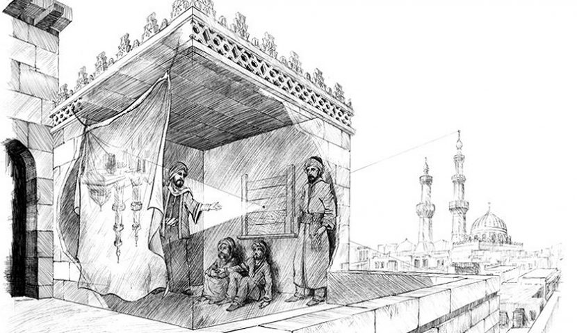 Ilustrasi Ibn al-Haytham mendemonstrasikan Baitul Muthlim yang menangkap citra masjid di Kairo. (ibnalhaytham.com)