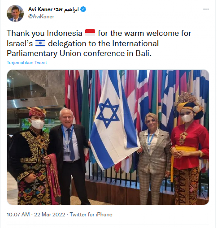 Bendera Bintang David milik Israel terpasang di arena 144th Inter-Parliamentary Union (IPU) Assembly and Related Meetings di Nusa Dua, Kabupaten Badung, Provinsi Bali. Foto: Twitter.