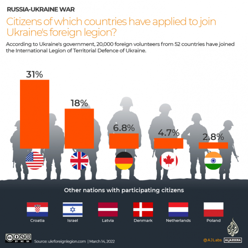 Grafik menunjukkan persentase pelamar per negara ke legiun asing Ukraina