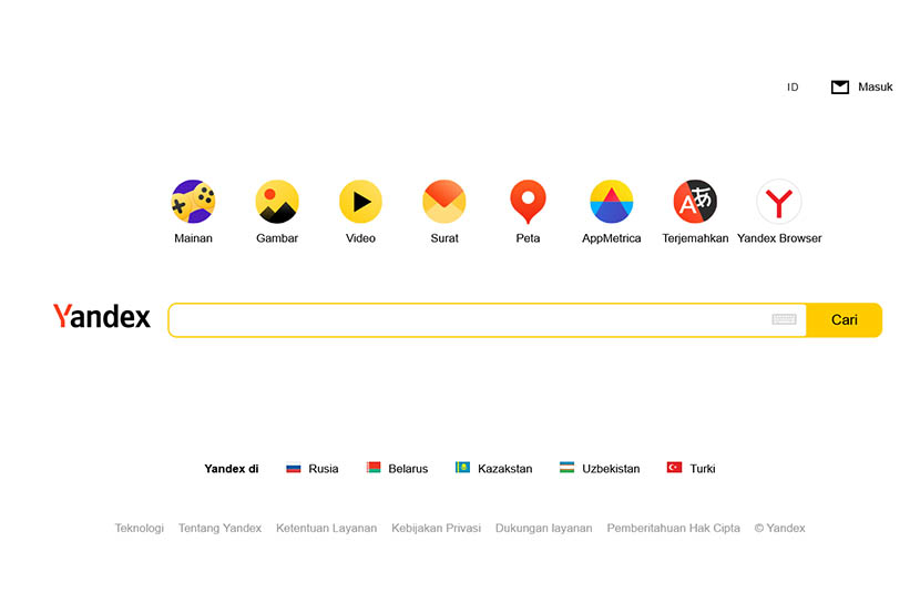 Tampilan situs mesin pencari Yandex, Google-nya Rusia. 