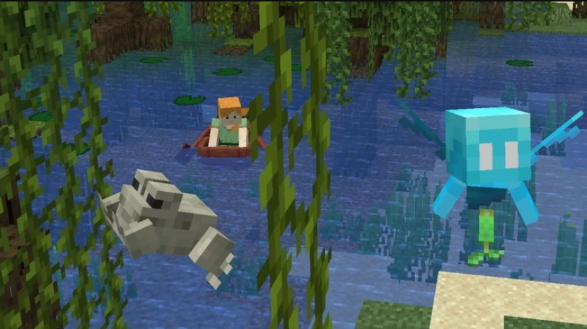 Minecraft The Wild Update. Alex sedang menaiki perahu di dekat dua mobs baru yaitu Frogs dan Allay. Foto: Minecraft Wiki