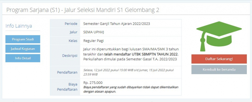 Jalur seleksi mandiri program S1 UPN Jakarta gelombang 2 menggunakan nilai UTBK. Foto : upnjakarta