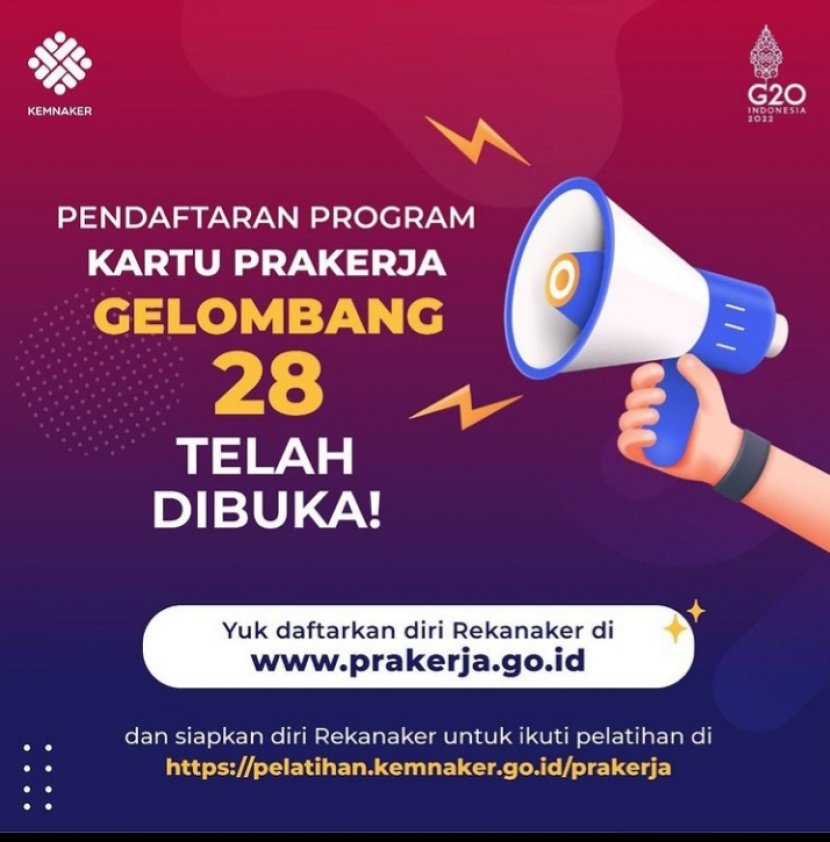 Peserta yang berminat untuk mendapatkan Kartu Prakerja Gelombang 28 bisa mendaftarkan diri di www.prakerja.go.id. Foto : IG @kemnaker