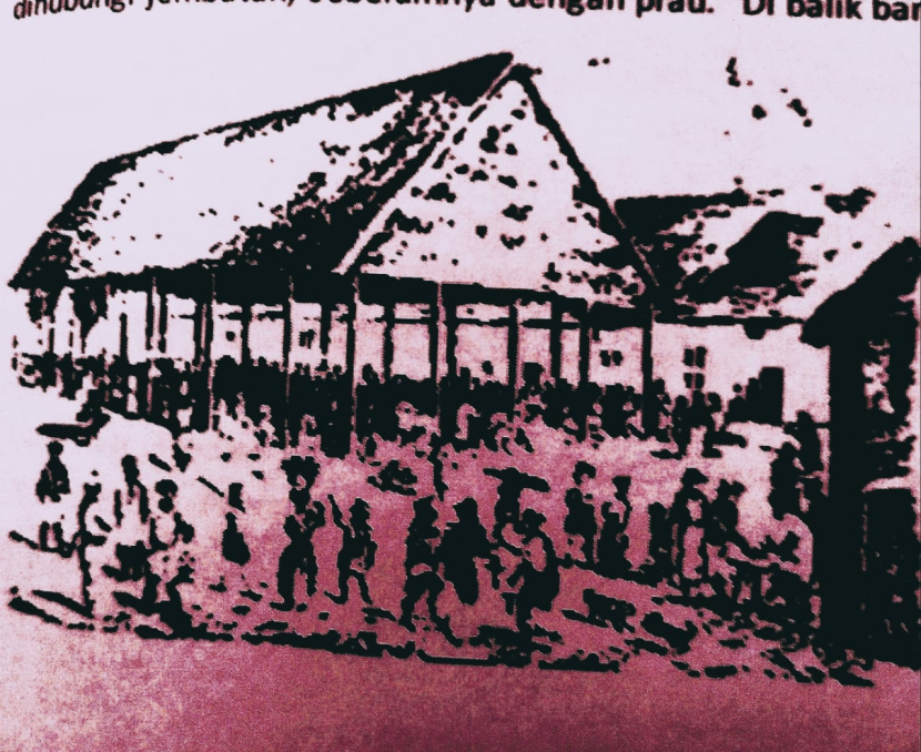 Litography pasar Pisang Jalan Kunir, Kota.Tahun 1540 dibakar pengacau. Si pengacau akhirnya tewas
