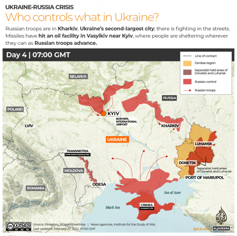 Peta Rusia-Ukraina Siapa yang mengendalikan apa di Ukraina di hari ke-4.