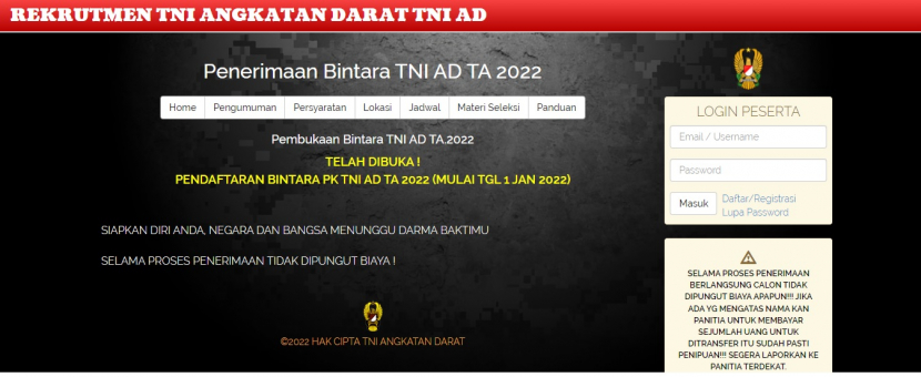 TNI Angkatan Darat (TNI AD) membuja pendaftaran PK Bintara AD TA 2022 sejak 3 Januari 2022 sampai 10 Juli 2022. Foto : ad.rekrutmen-tni.mil.id