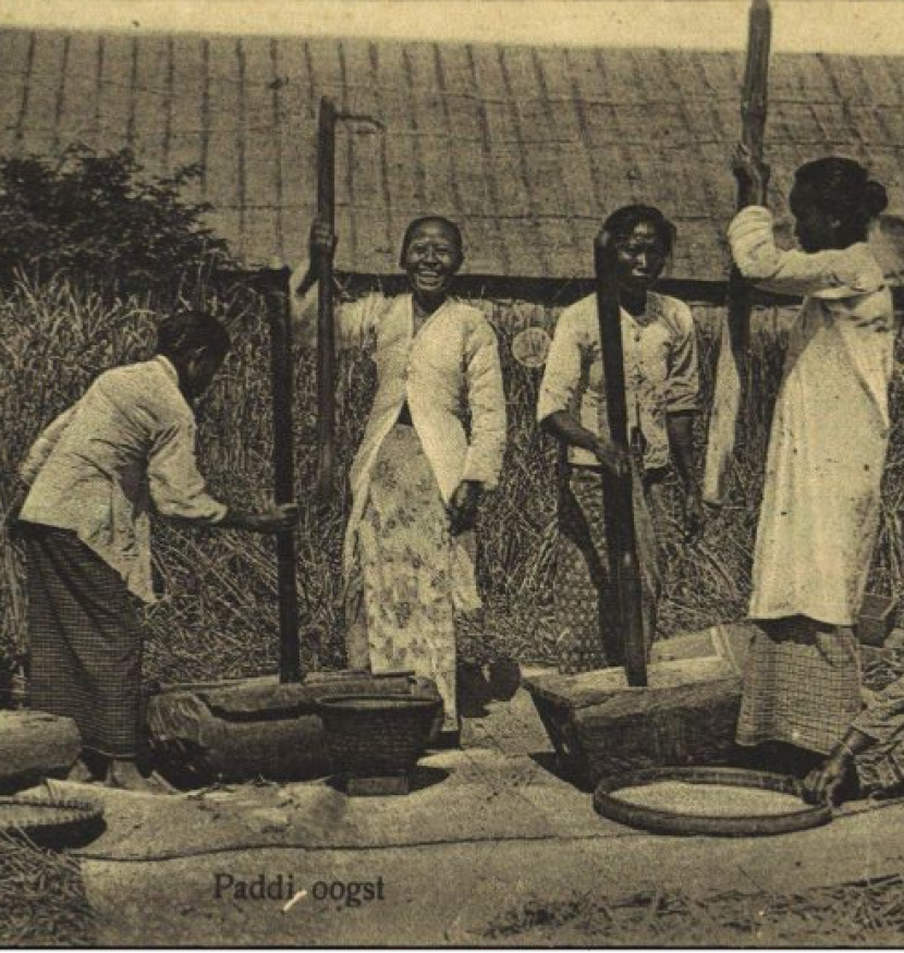 Potret ibu-ibu Indonesia saat menumbuk padi pada masa kolonial Belanda. (digitalcollections.universiteitleiden.nl).