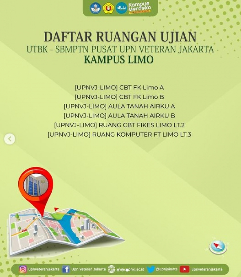 Daftar ruang ujian di Pusat UTBK UPN Veteran Jakarta di Kampus Limo. Foto : IG upnveteranjakarta