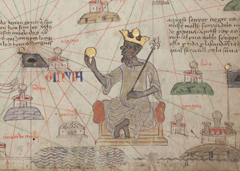Ilustrasi Mansa Musa memegang emas.