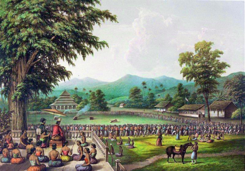 Acara Rampogan di Keraton Jawa zaman dahulu: Raja menonton pertarungan harimau dan kerbau di alun-allun istana.