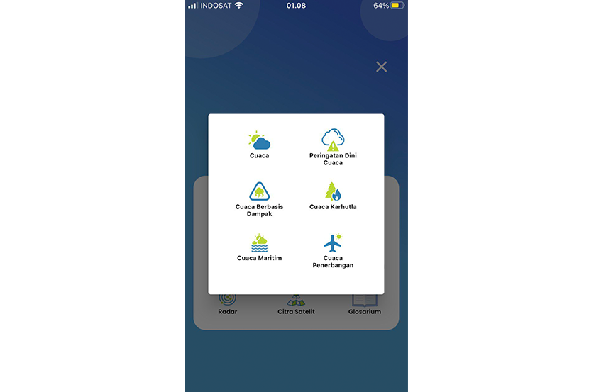 Tampilan menu pantau Cuaca terbaru di aplikasi Info BMKG.