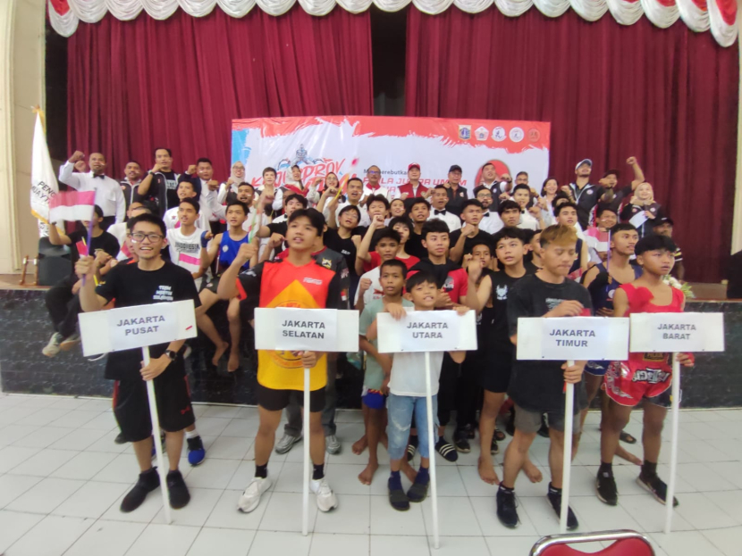 Para peserta Kejurprov Muaythai DKI Jakarta yang diikuti lima Pengurus Kota (Pengkot) Muaythai se-DKI Jakarta di Auditorium Kebon Jahe, Jakarta Pusat, Minggu (18/8/2024). (Foto: Pengprov Muaythai DKI Jakarta)